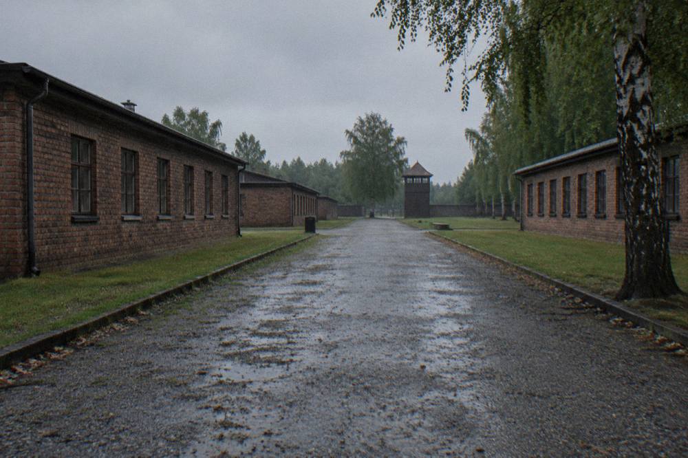 Open memorial grounds with a gravel path leading past low exhibition buildings