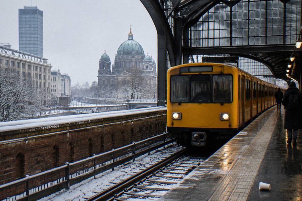 Berlin S-Bahn platform with a yellow train arriving beside the departure board