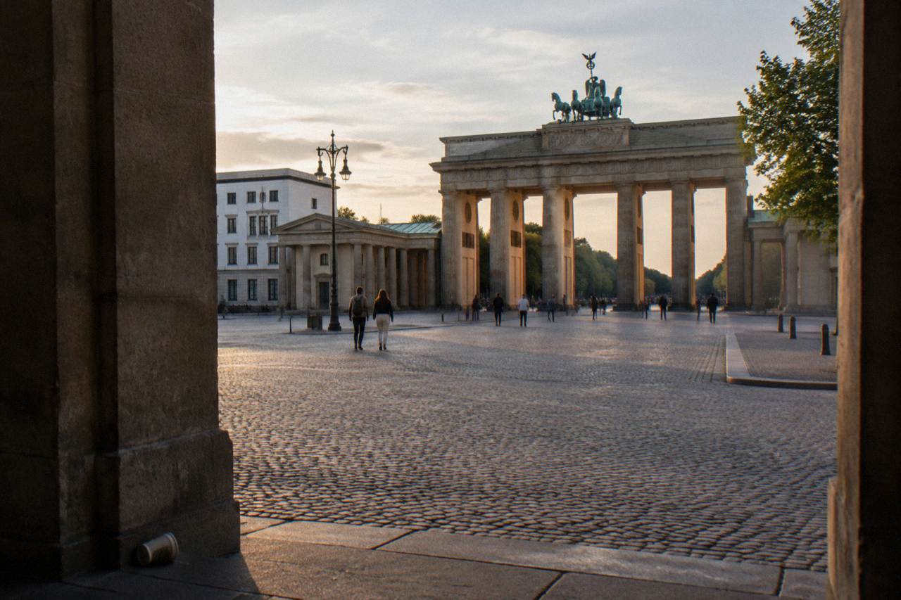 Wide view of Pariser Platz with the Brandenburg Gate under a clear sky