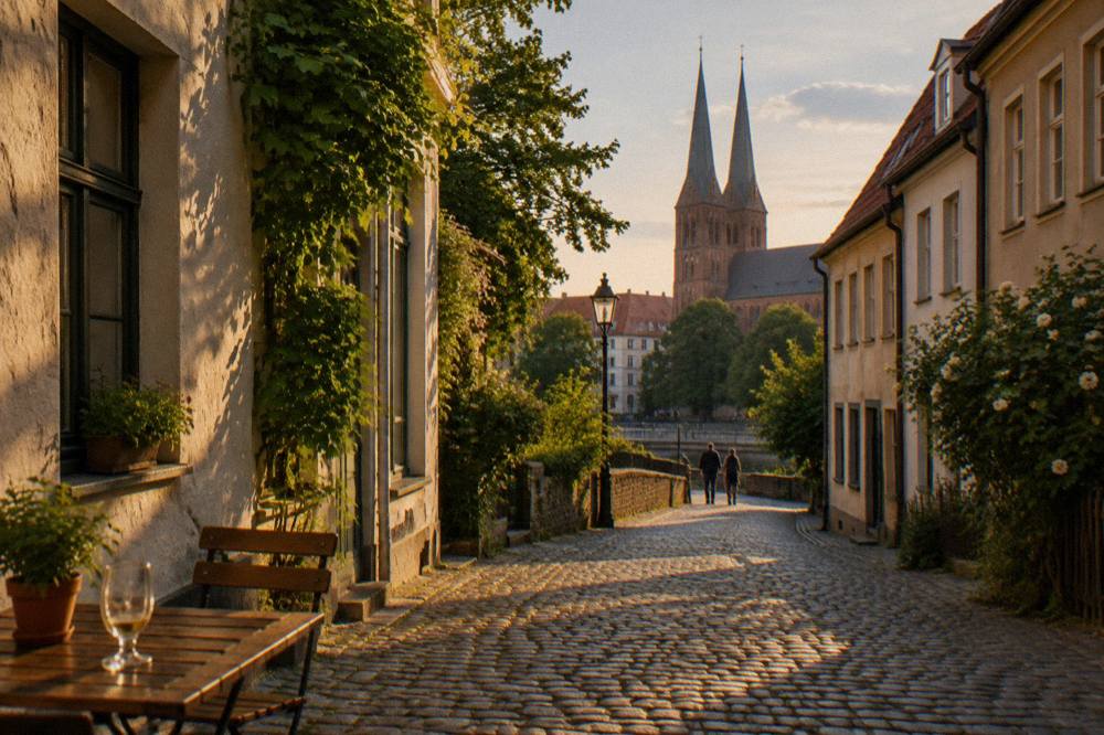 Cobblestone square in central Berlin with old buildings in warm evening light