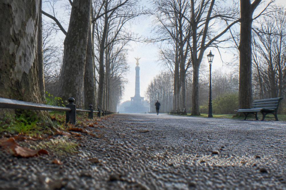 Tree-lined path through a large Berlin park with the Victory Column in the distance