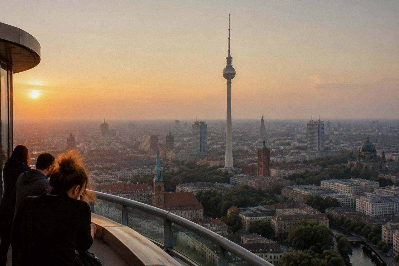 Berlin skyline at dusk with the TV Tower rising above rooftops