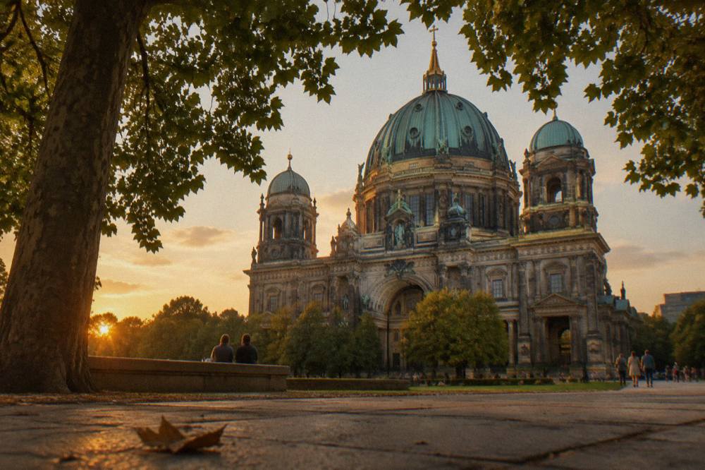 The domed roof and stone towers of Berlin Cathedral rising above the trees on Museum Island