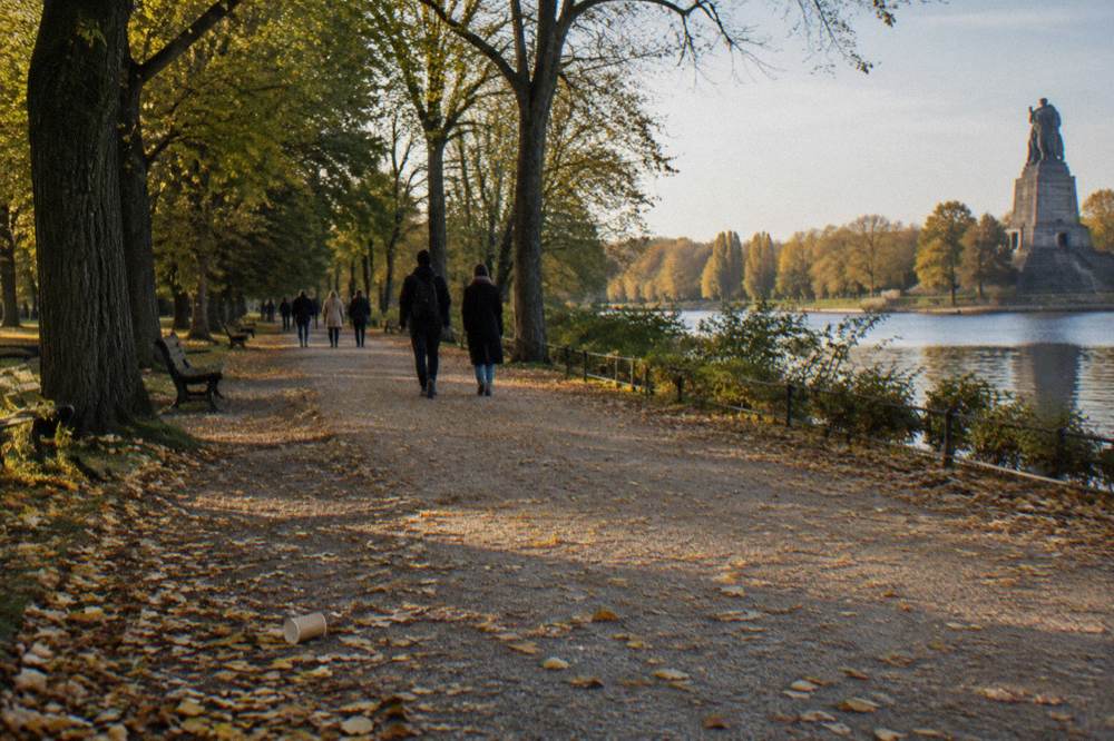 Tree-lined park avenue with benches and fallen leaves in late afternoon light
