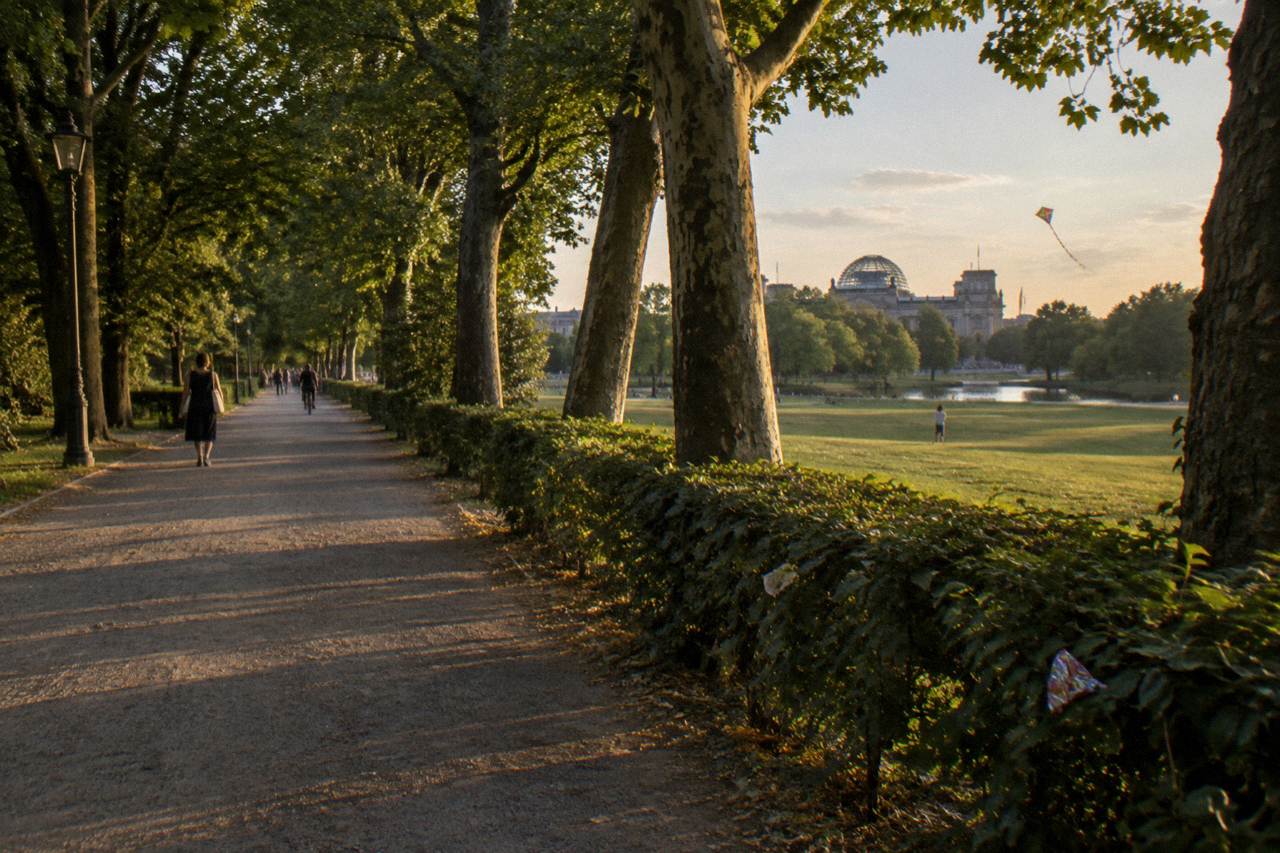 Wide green park path in central Berlin with trees on both sides