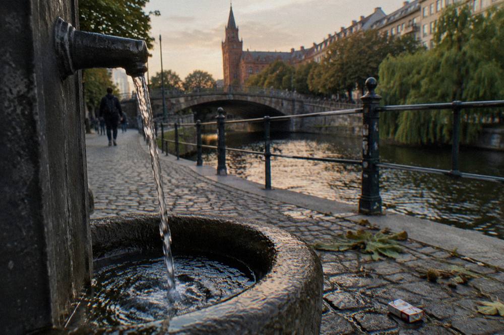 A close view of a public drinking fountain in Berlin with a steady stream of water falling into a stone basin