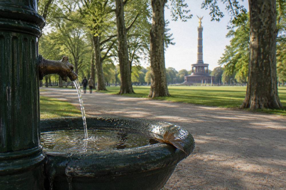 A drinking fountain beside a Berlin park path with trees and an open lawn behind it