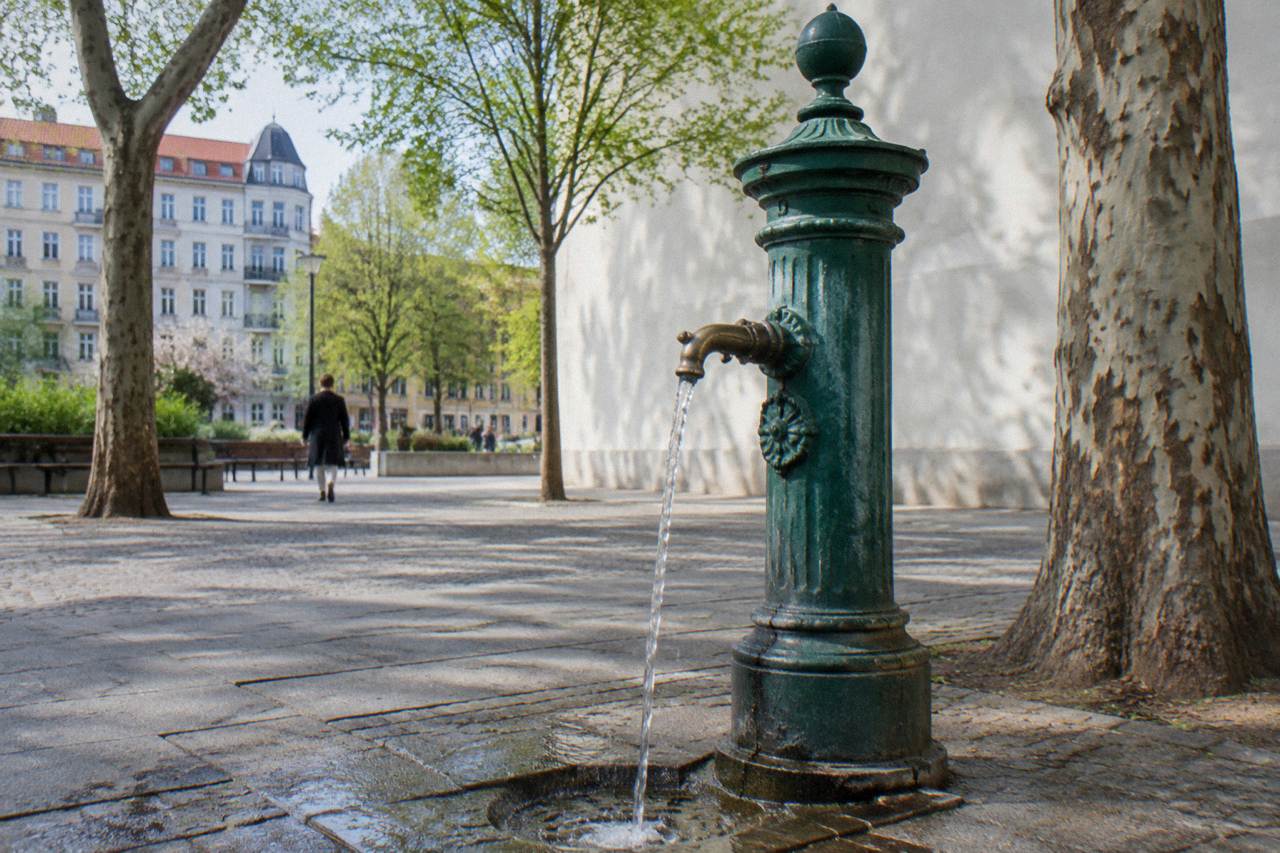 A public drinking fountain with water running, standing on a Berlin pavement in front of older apartment buildings