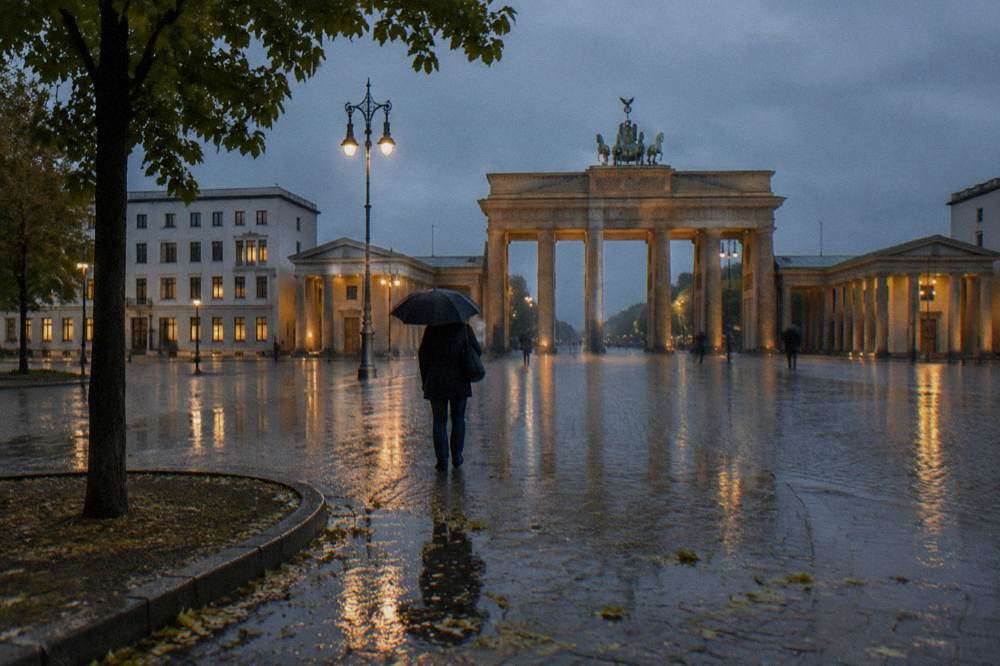 A historic city square with a neoclassical gate and open paving