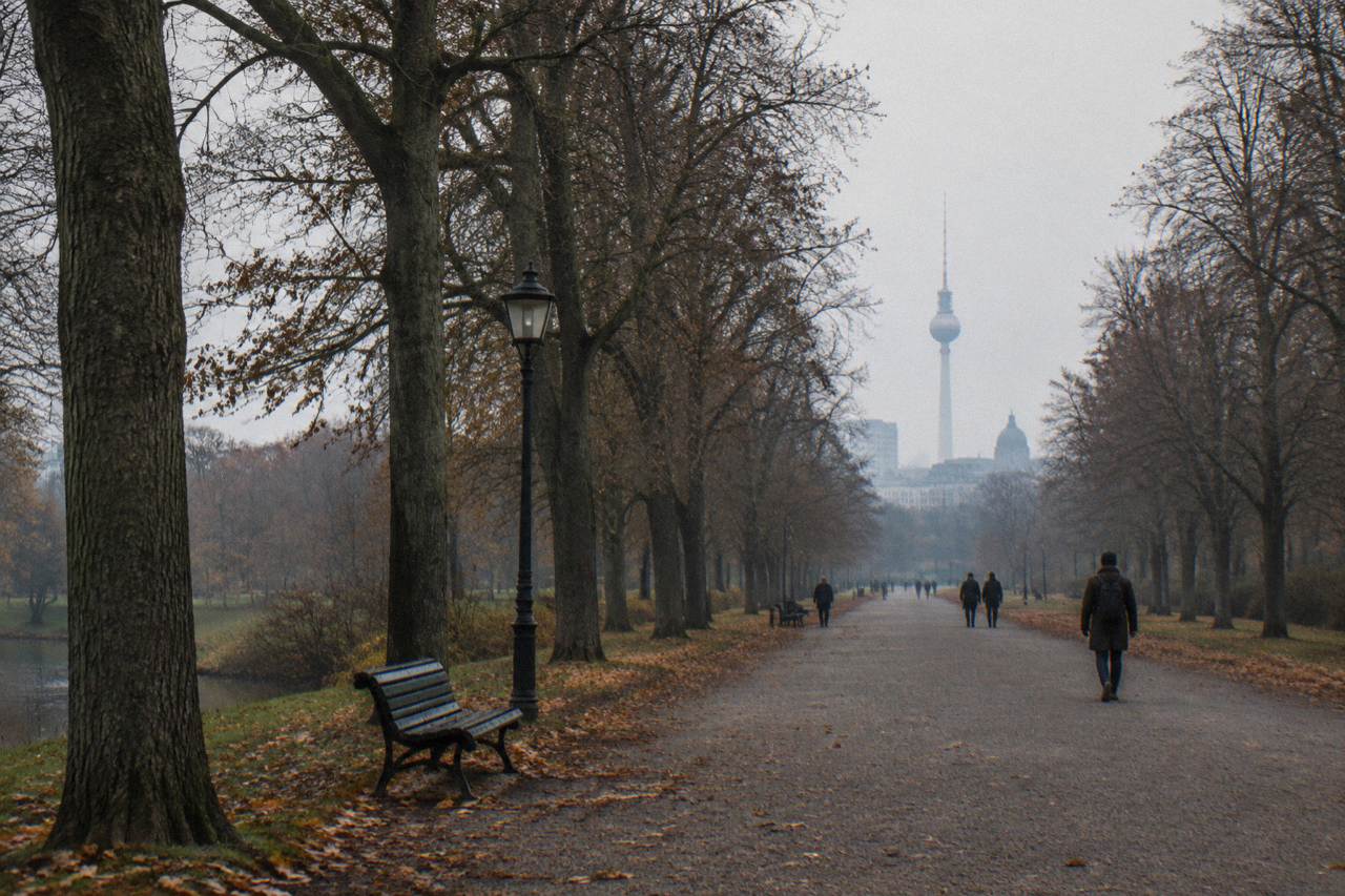 A tree-lined path in a large Berlin park with the city skyline in the distance