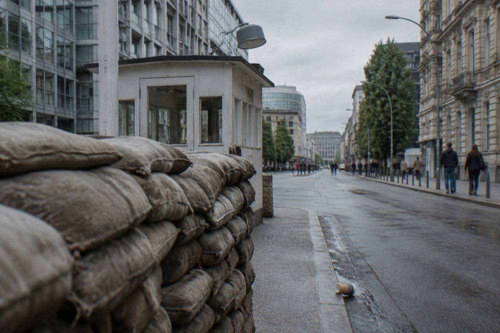 The Checkpoint Charlie guard booth and crossing sign at the Friedrichstraße junction