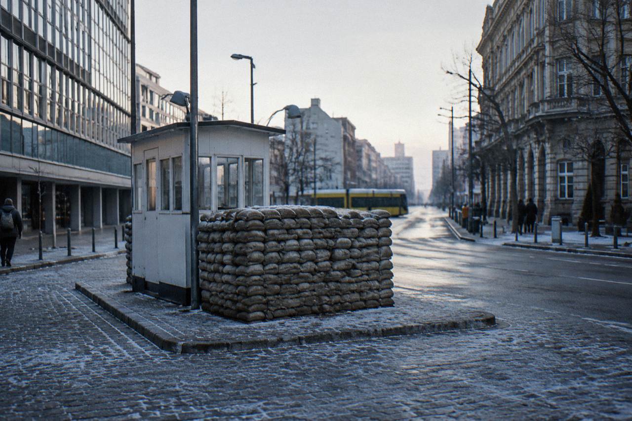 The Checkpoint Charlie crossing point sign and barrier standing in an empty Berlin street