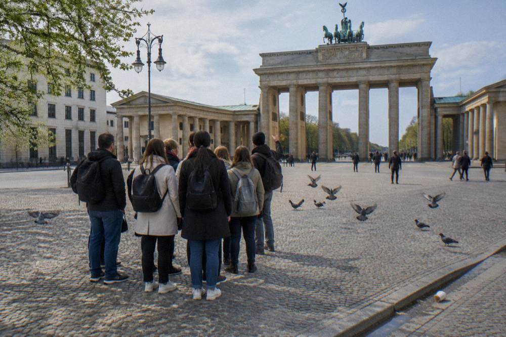 A guided walking group gathered at a city square in central Berlin