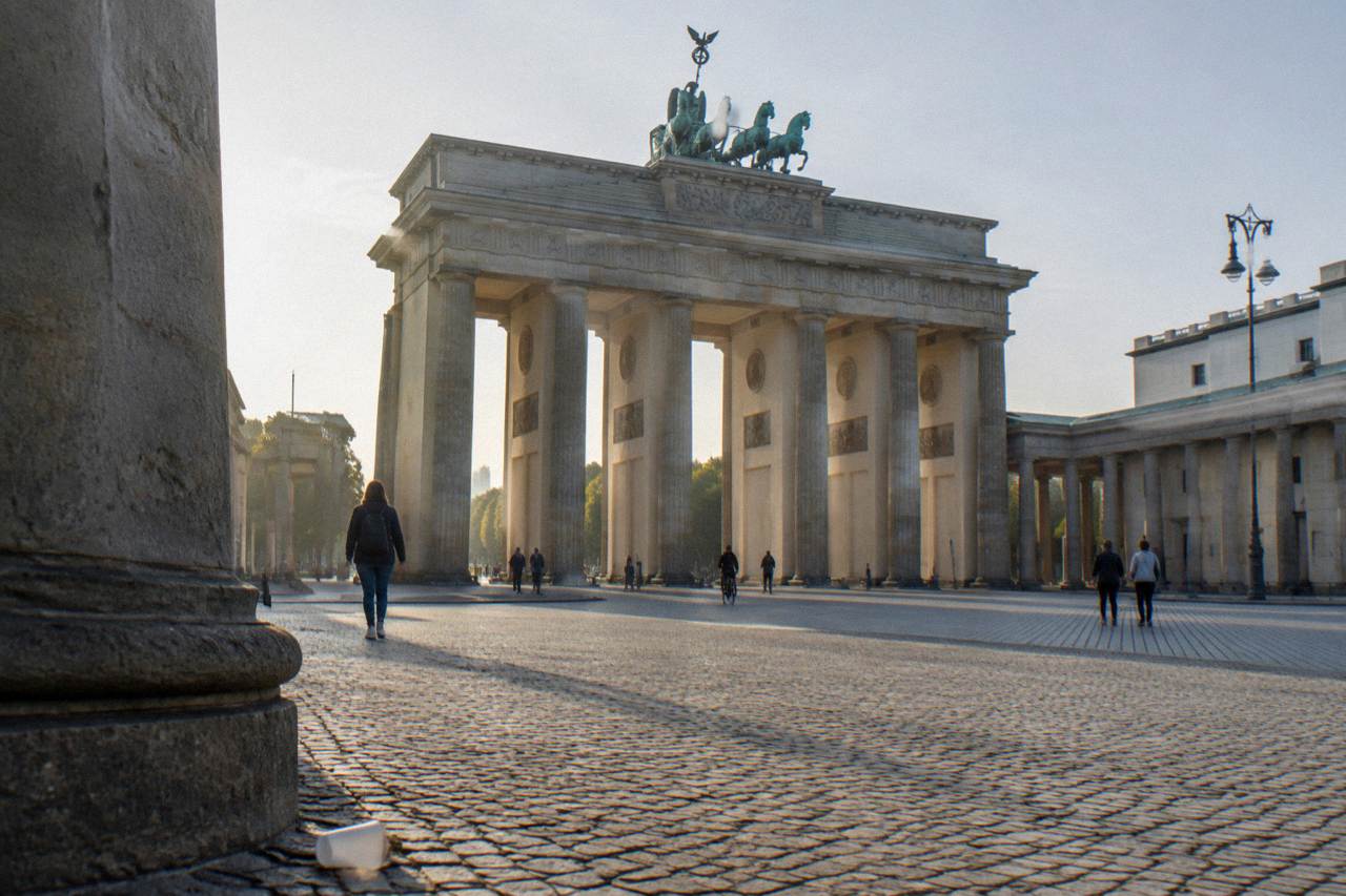 The Brandenburg Gate standing open on Pariser Platz under a wide sky