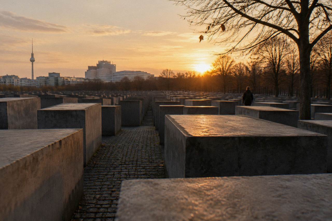 Rows of grey concrete stelae at the Memorial to the Murdered Jews of Europe in Berlin