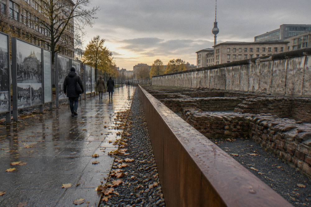 Open-air exhibition panels along the excavated remains at the Topography of Terror in Berlin