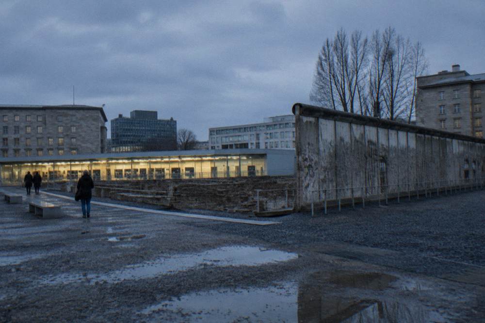 Evening light over the documentation centre building and its grounds in Berlin