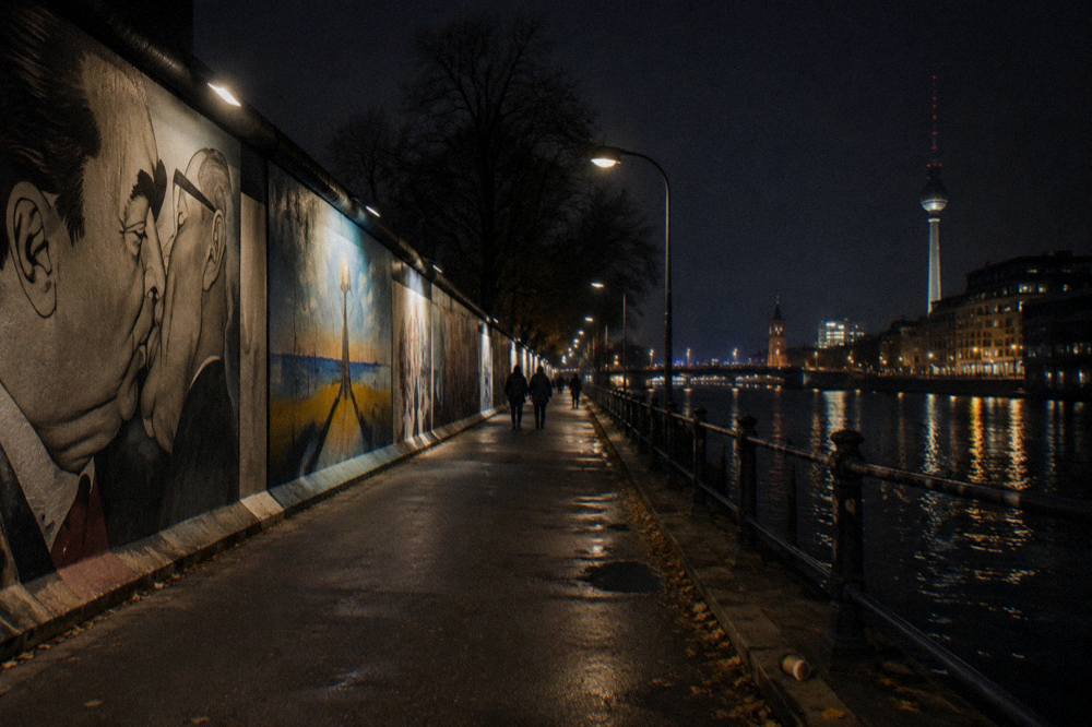 Illuminated wall paintings along the East Side Gallery at night with an empty footpath in front