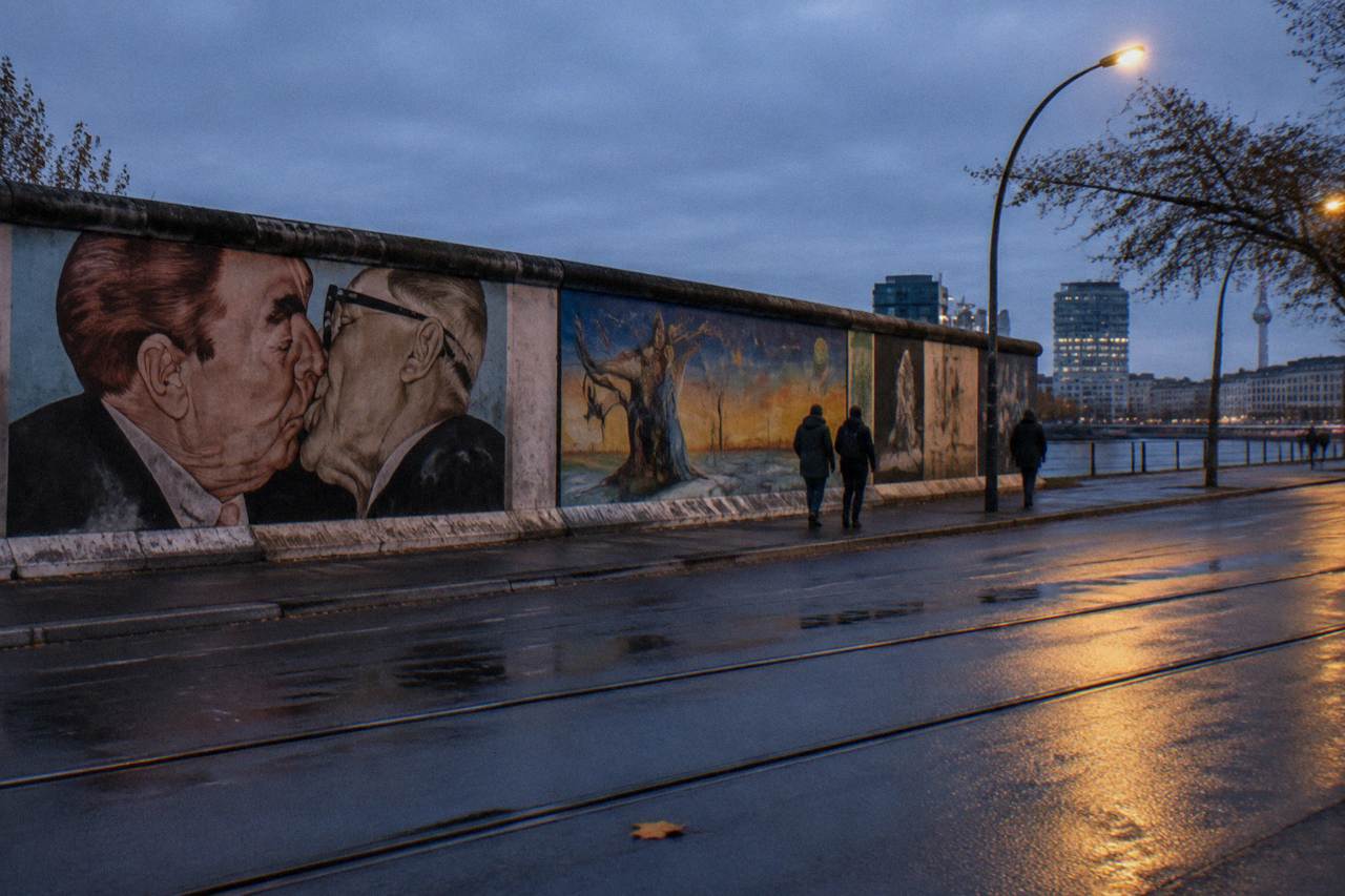 East Side Gallery wall paintings lit by street lamps along an empty road at dusk