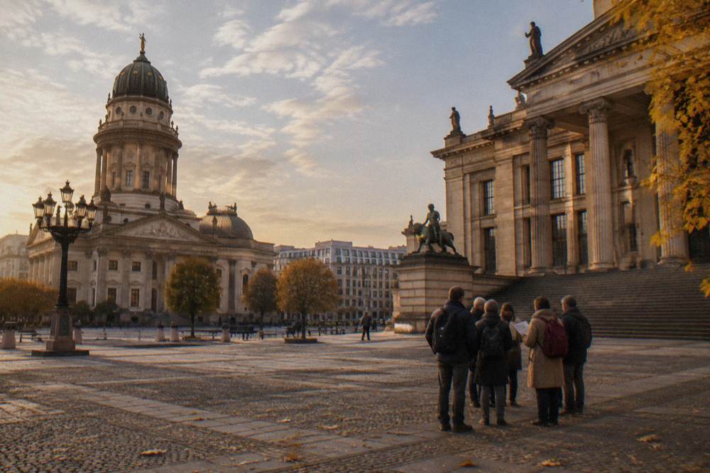 Cobbled square with historic buildings and a walking path in central Berlin