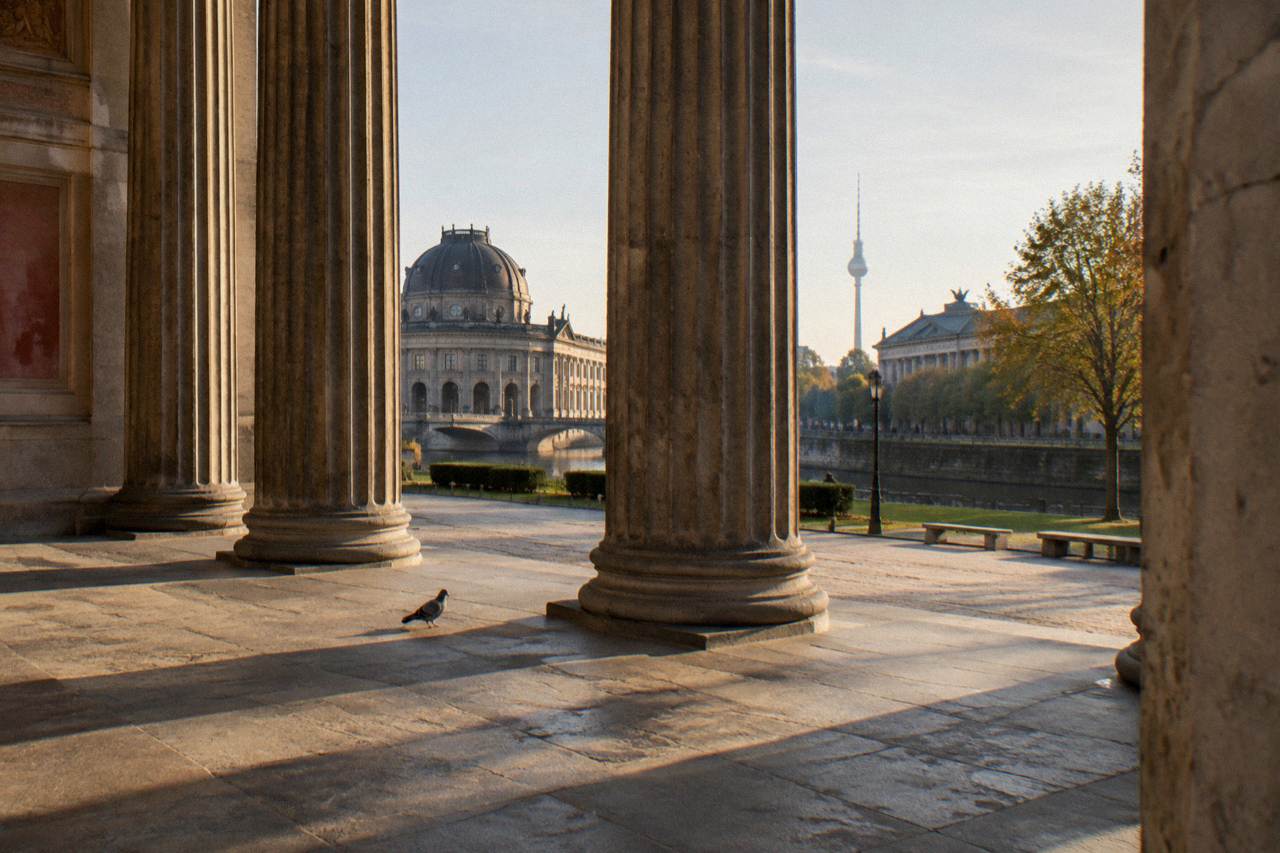 Museum building facade with tall columns and an empty forecourt in Berlin