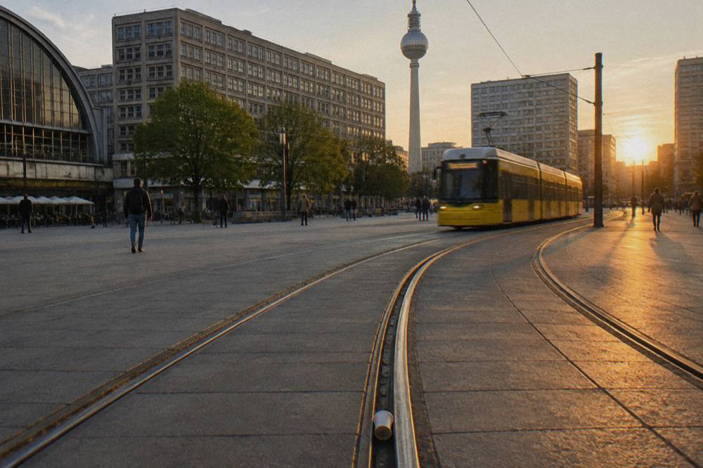 Wide open pedestrian square with tram tracks curving past modern buildings under a bright sky