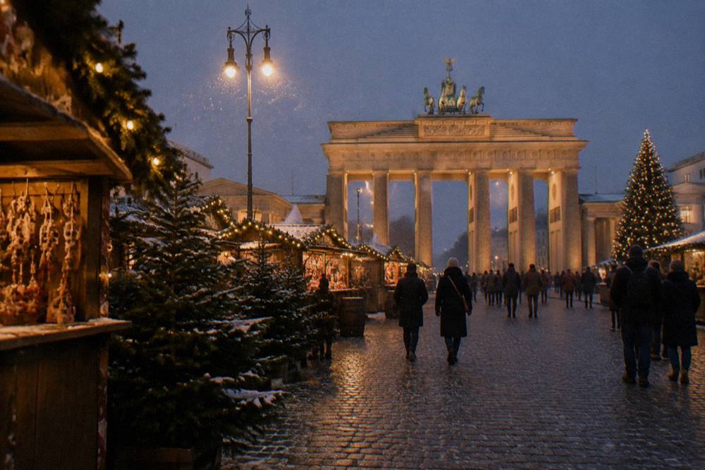 Festively decorated market stalls along a Berlin square in the evening