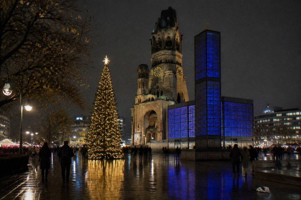 Illuminated Christmas tree and market lights over a Berlin street