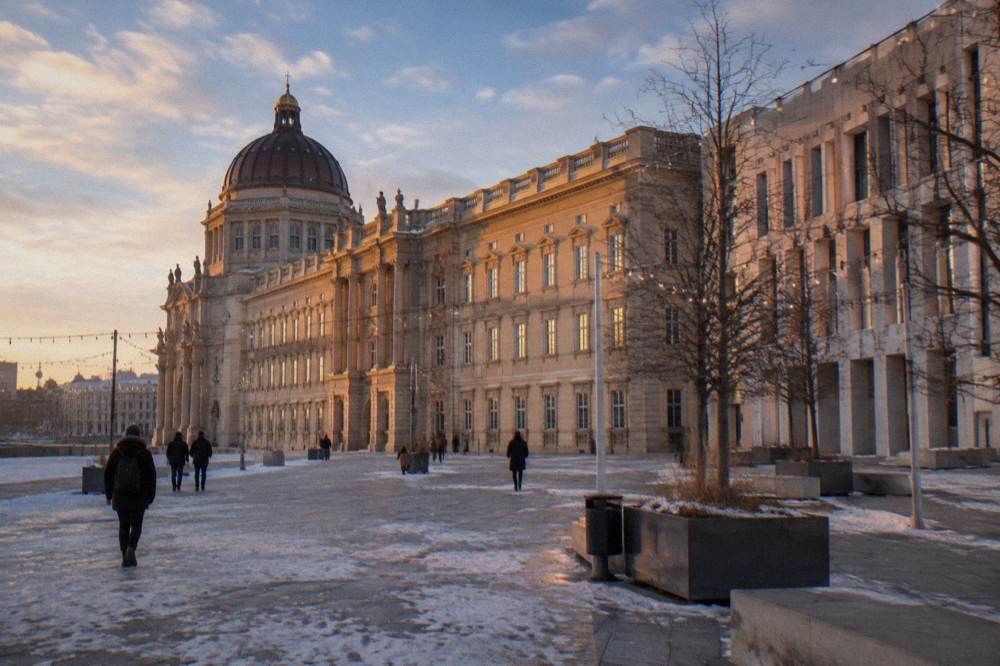 Historic Berlin palace facade with winter illumination