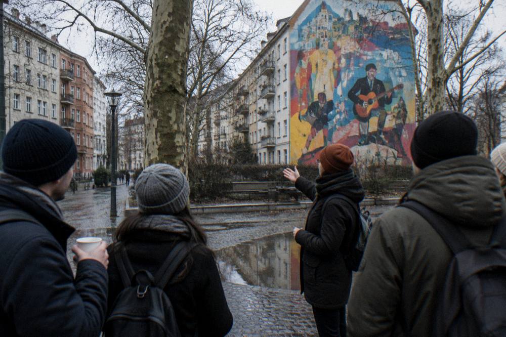 Guide speaking to a walking tour group on a Berlin street in winter