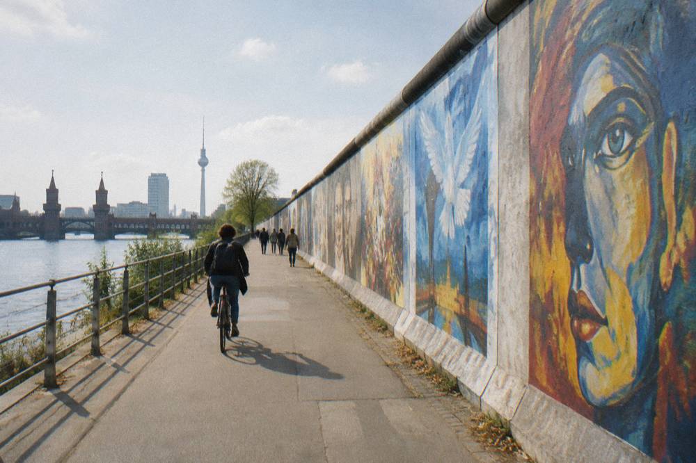 Painted wall segments of the East Side Gallery stretching along the street in daylight