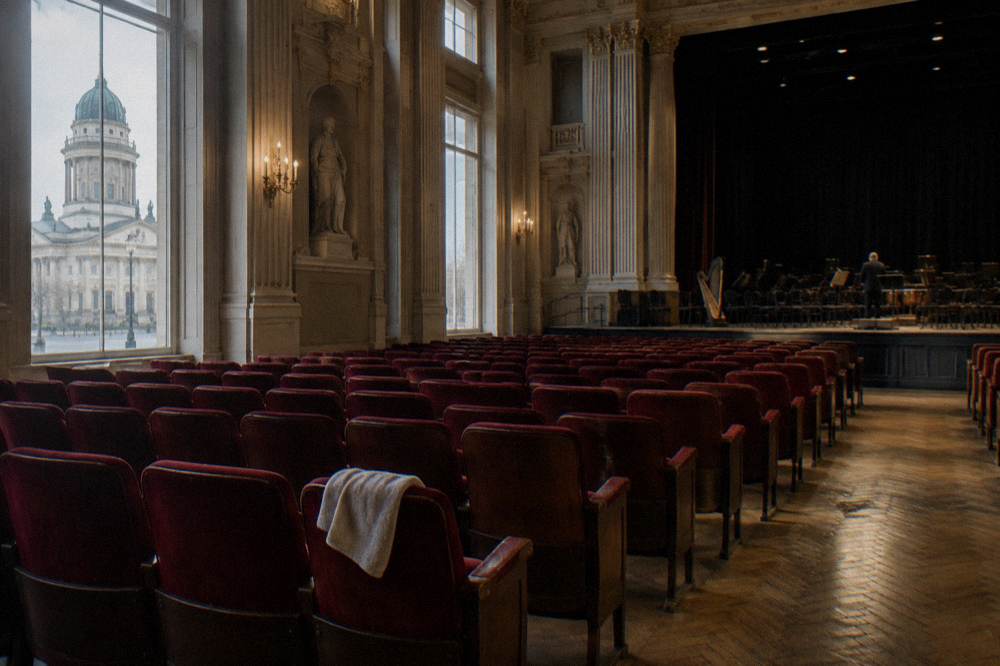 Concert hall foyer with rows of seats and a stage lit for a daytime performance