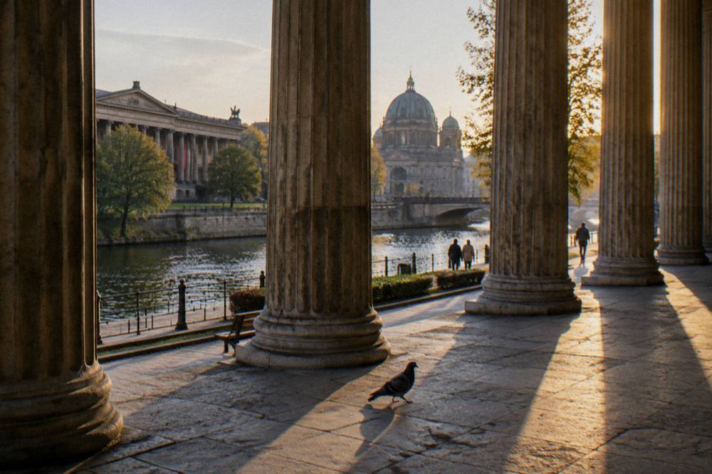 Museum building facade on Museum Island with columns and steps in afternoon light