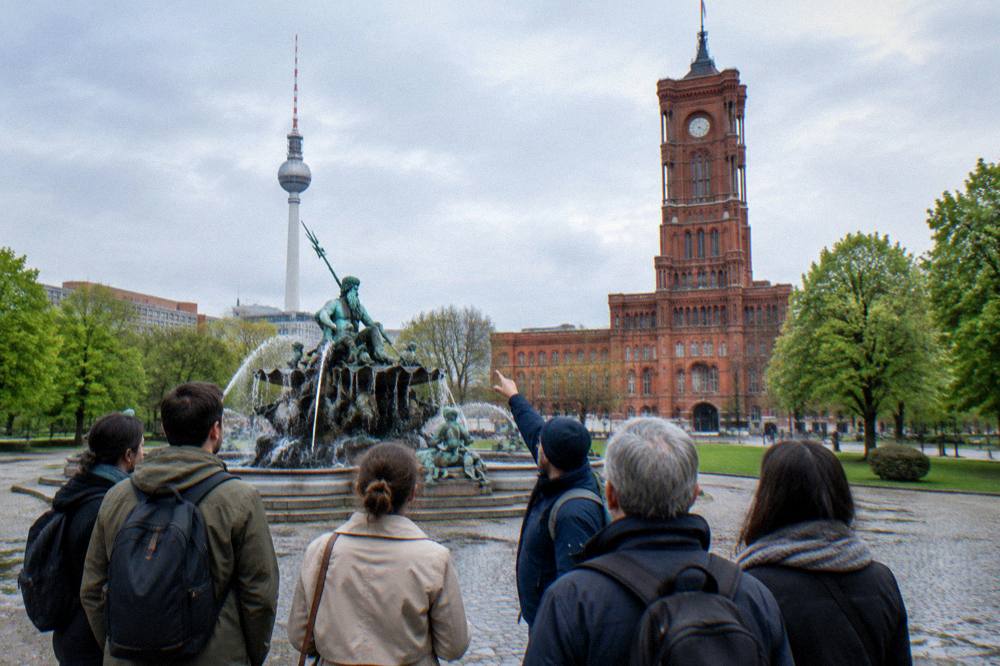 Guide holding up a sign beside a group gathered on a city square before a walking tour
