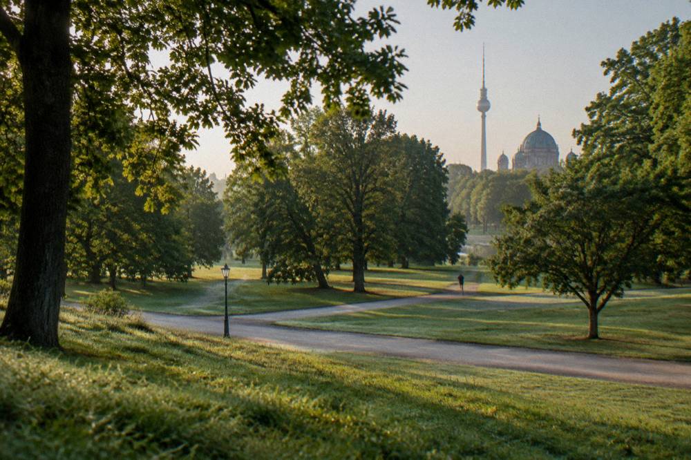 Green lawns and paths of a central Berlin park seen from a low hill