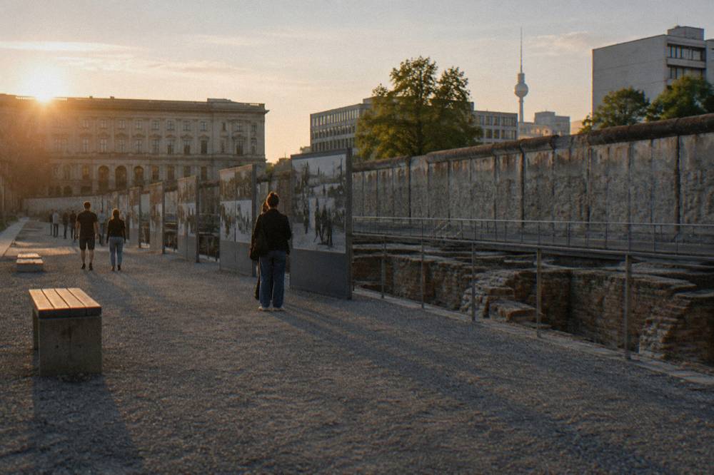 An open-air memorial exhibition of wall panels and information boards along a city street