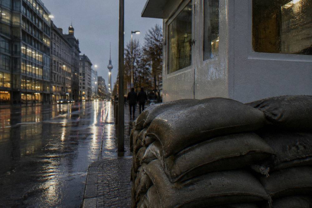 Street crossing at Checkpoint Charlie with a small guard booth beside the roadway