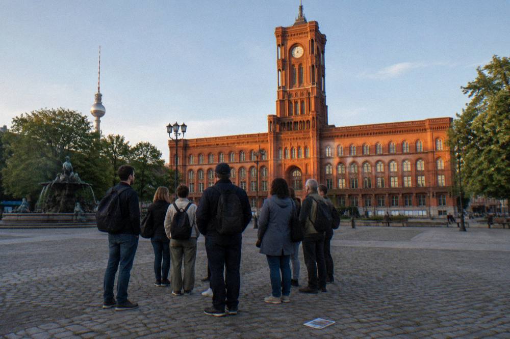Group of walking tour participants gathered at a Berlin square near a town hall
