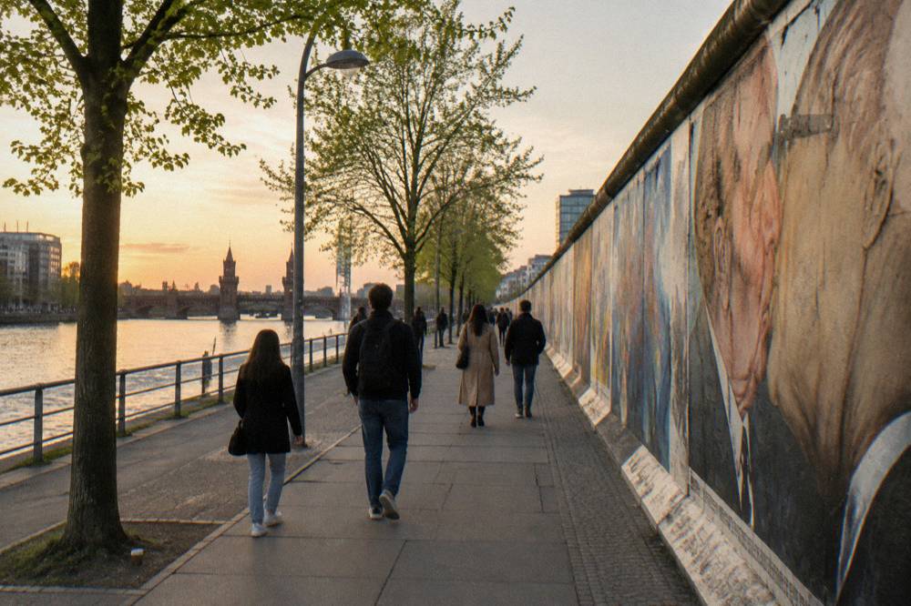 Visitors walking beside tall painted concrete panels of the East Side Gallery on a wide path