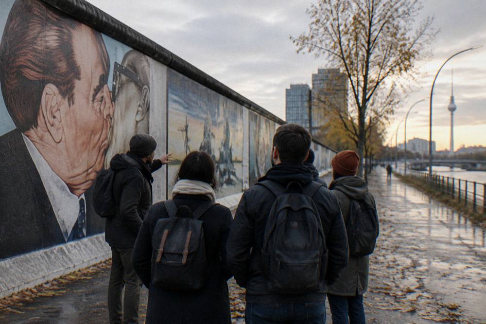 Guided walking tour group gathered beside the painted East Side Gallery wall panels