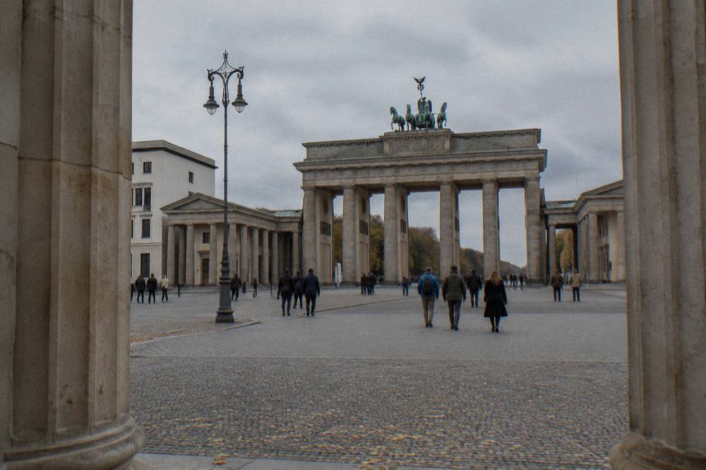 Pariser Platz with the Brandenburg Gate columns in daylight