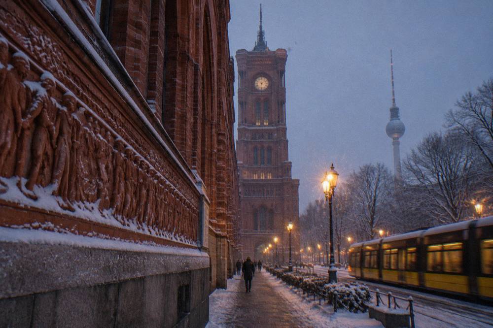 The red-brick facade of the Rotes Rathaus on a Berlin street