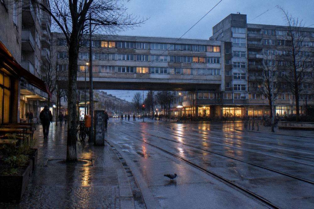 Street signs and old facades on a Berlin corner in Kreuzberg