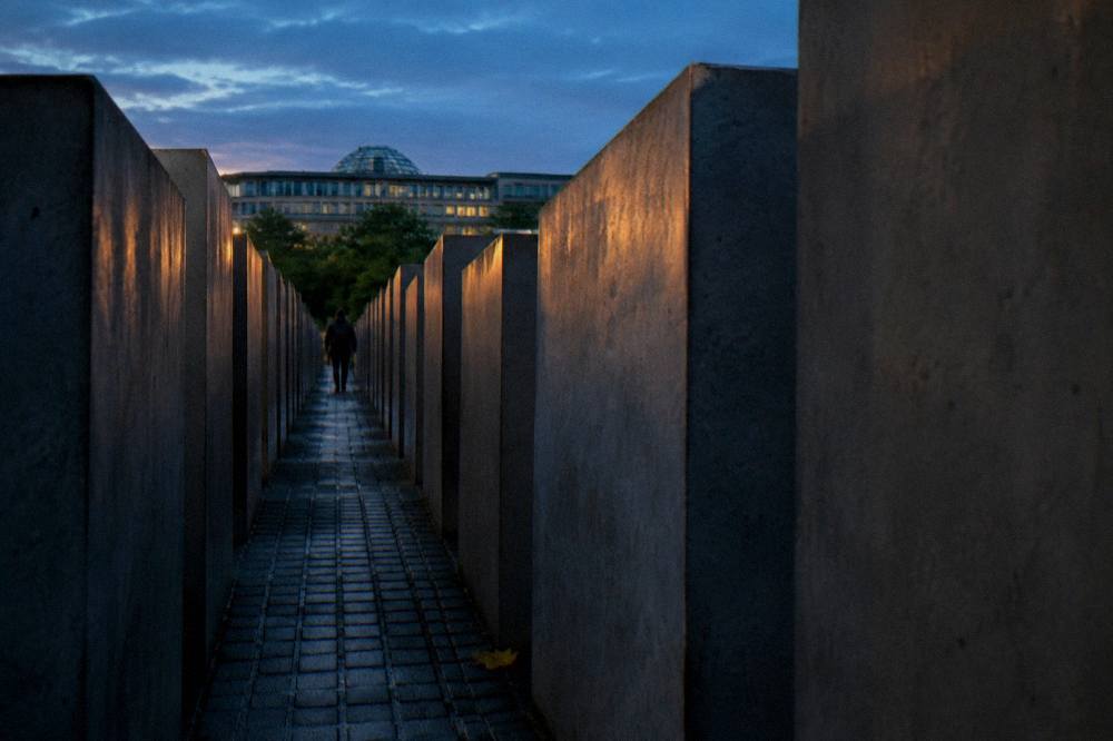 Tall concrete stelae standing close together on sloping ground with narrow walkways between them