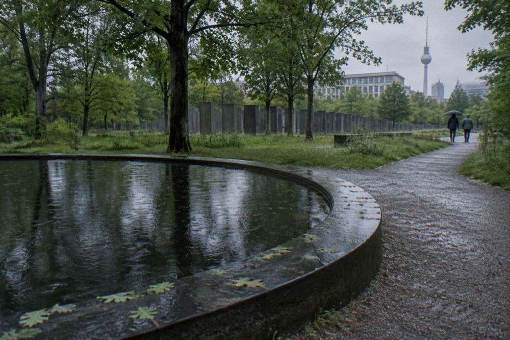 A quiet circular pool of water set in stone in a leafy park clearing