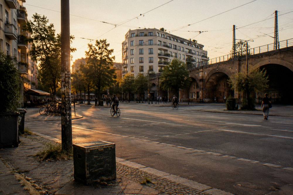 City square with a U-Bahn entrance and buildings on a bright day