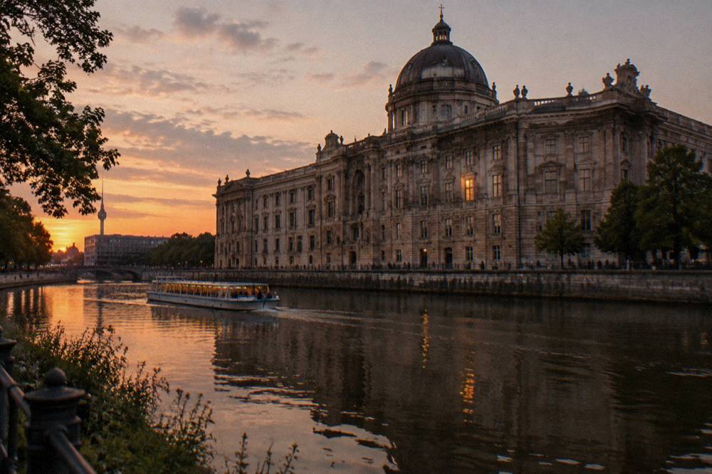 The Humboldt Forum facade reflected in the Spree river at dusk