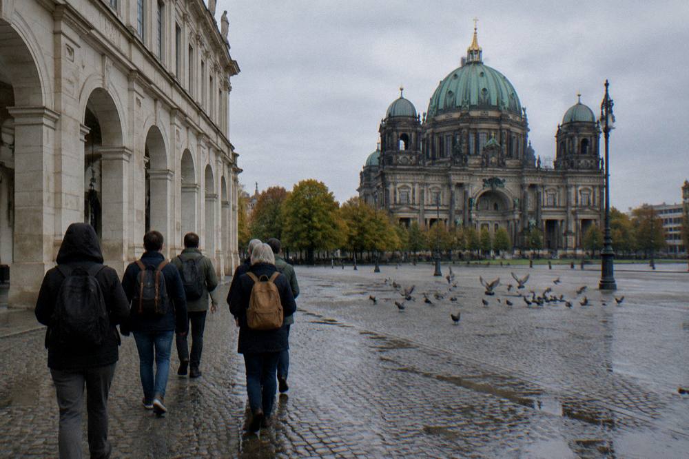 Walking tour group gathered at a square in central Berlin beside historic stone buildings