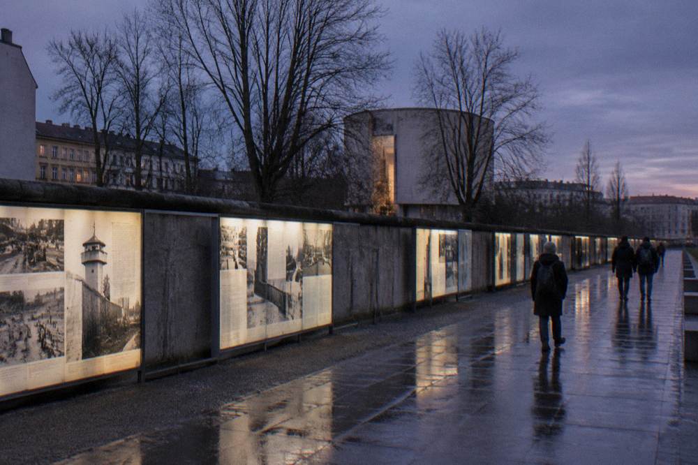 Section of the Berlin Wall Memorial open-air exhibition along Bernauer Strasse at dusk