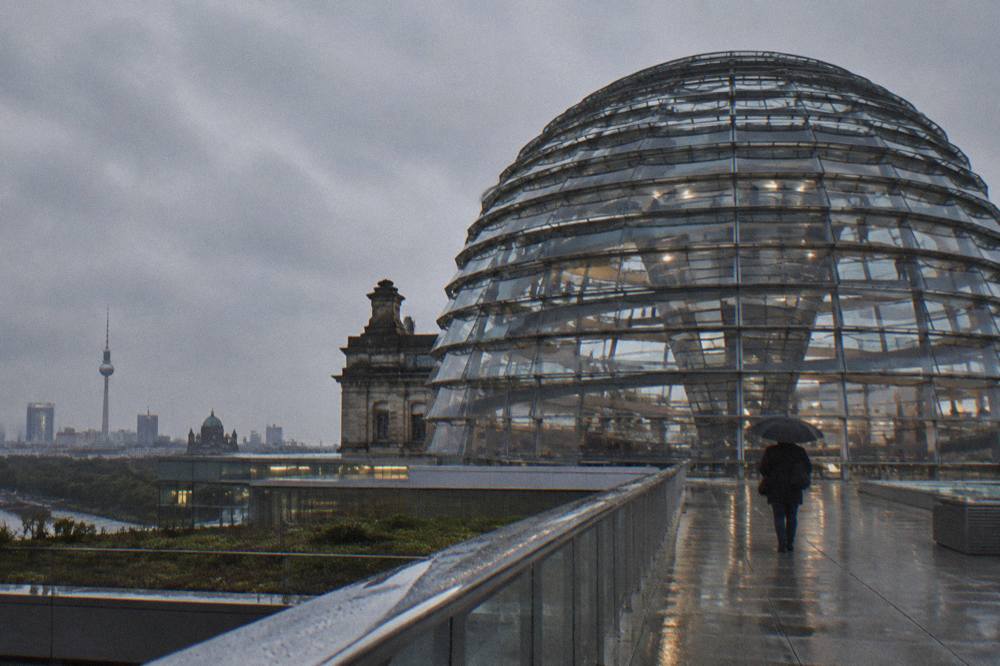 The glass and steel dome on the Reichstag roof with its spiral walkway